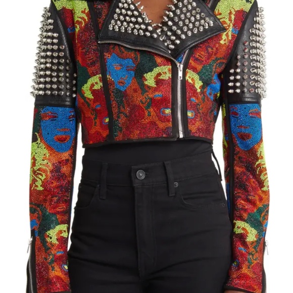 Azela Wang Beaded Faux Leather Crop Moto Jacket - Picture 5 of 9